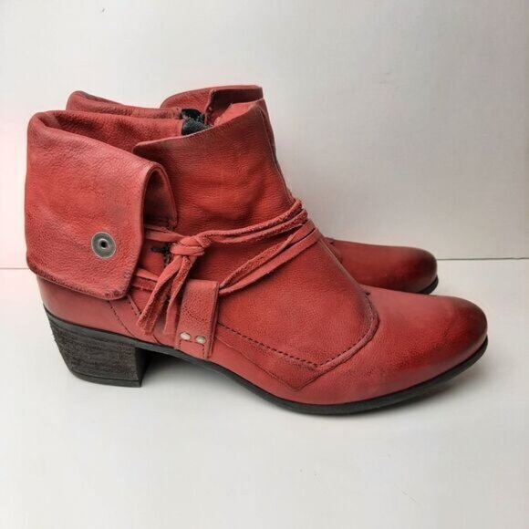 MJUS \ Chunky Heel Genuine Leather Booties w/ Foldover Detail Red Sz 8 US Eur 39 - Picture 3 of 15
